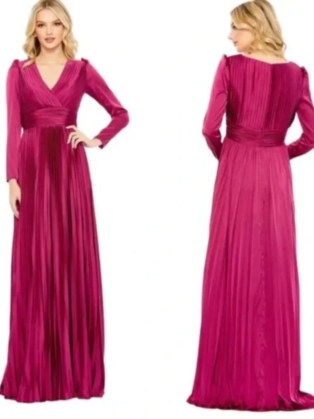 Ieena Mac Duggal Magenta Pleated Long Sleeve Satin A-Line Gown